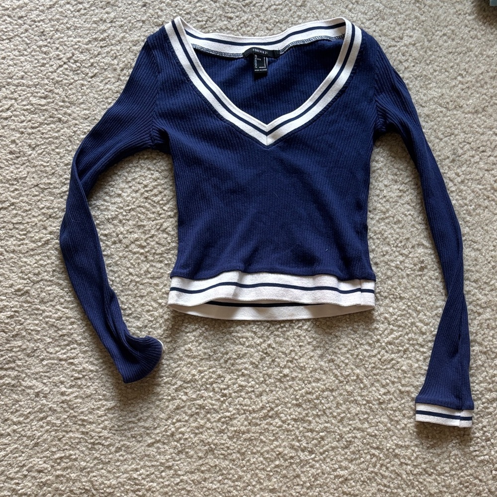 Forever 21 Navy and White V-Neck Sweater